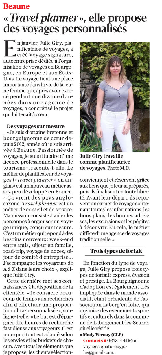 L’article « Travel planner, elle propose des voyages personnalisés » dans Le Bien Public, avec une photo de Julie Giry